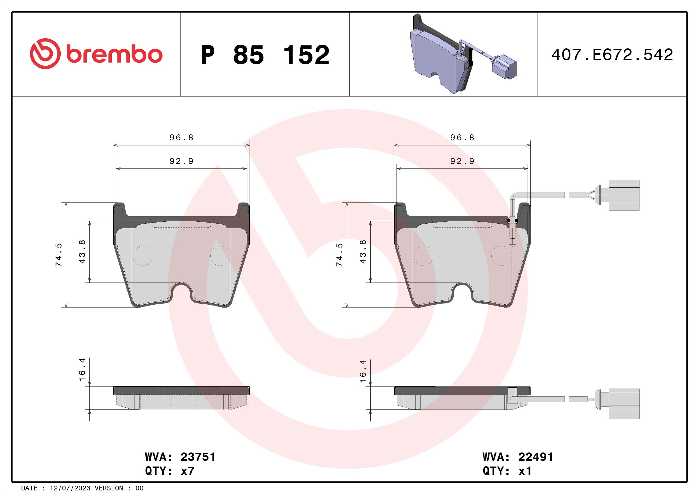 A.B.S. P 85 152 BREMBO Bremsbelagsatz, Scheibenbremse